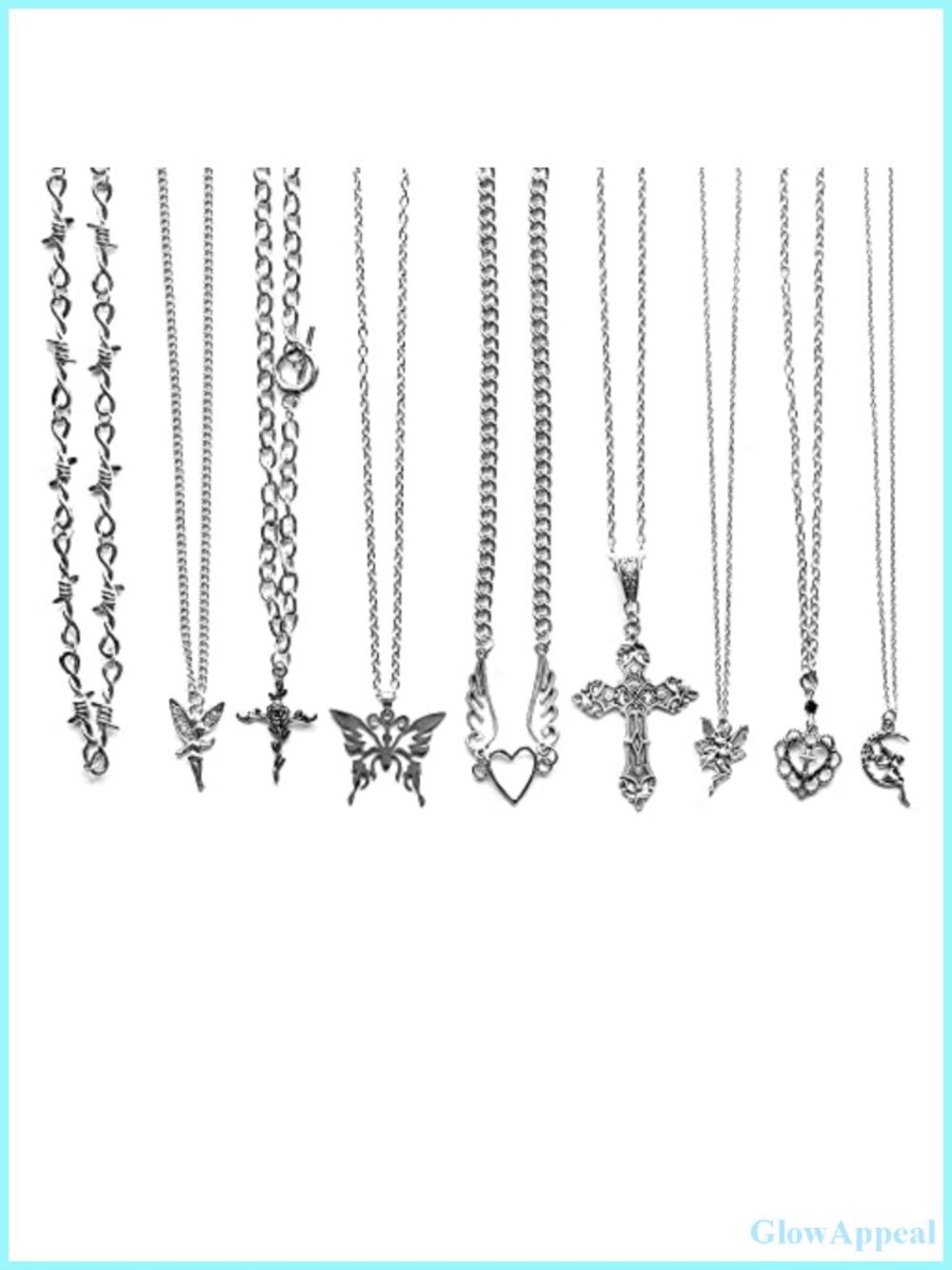 9 Pc Grunge Necklace Set Goth Cross Fairy Thorns Angel Heart Feather Choker